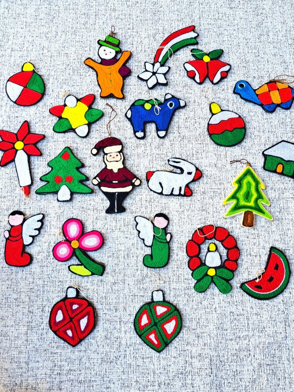 22 HAND MADE CHRISTMAS ORNAMENTS COLORFUL EMBROIDERED ANIMALS TREES SANTA